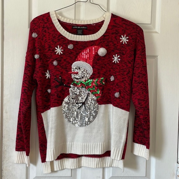 red sequin snowman pull over Christmas sweater sz L - Picture 1 of 16